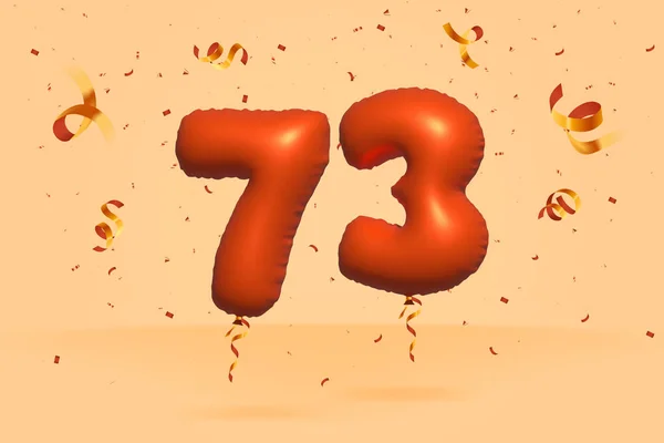 3D番号73現実的なコンフェッティ箔3Dオレンジヘリウムバルーンベクトルで作られた割引プロモーションを販売しています ポスター バナー広告 ショッピングバッグ ギフトボックス 誕生日 記念日を販売するためのイラスト — ストックベクタ