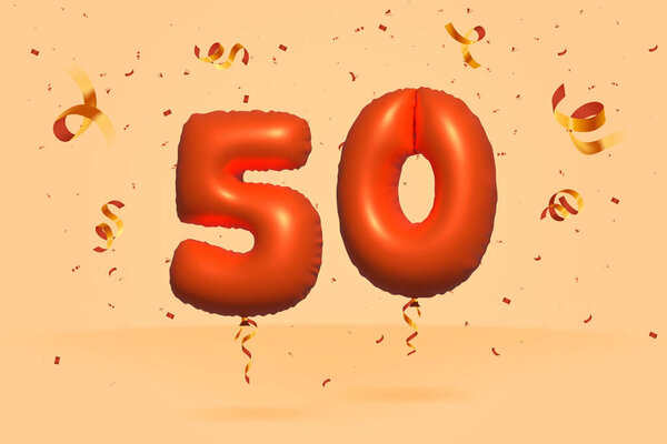 3d number 50 Sale off discount promotion made of realistic confetti Foil 3d Orange helium balloon vector. Illustration for selling poster, banner ads, shopping bag, gift box, birthday, anniversary