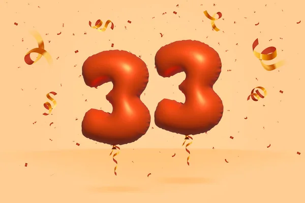 3D番号33現実的なコンフェッティ箔3Dオレンジヘリウムバルーンベクトルで作られた割引プロモーションを販売します ポスター バナー広告 ショッピングバッグ ギフトボックス 誕生日 記念日を販売するためのイラスト — ストックベクタ
