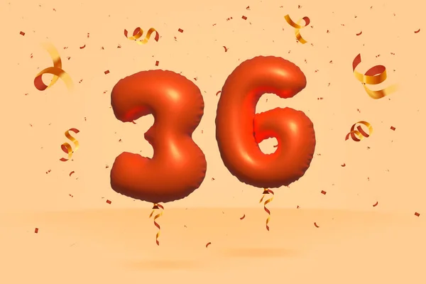 3D番号36現実的なコンフェッティ箔3Dオレンジヘリウムバルーンベクトルで作られた割引プロモーションを販売します ポスター バナー広告 ショッピングバッグ ギフトボックス 誕生日 記念日を販売するためのイラスト — ストックベクタ