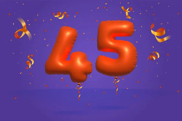 3D番号45現実的なコンフェッティ箔3Dオレンジヘリウムバルーンベクトルで作られた割引プロモーションを販売します ポスター バナー広告 ショッピングバッグ ギフトボックス 誕生日 記念日を販売するためのイラスト — ストックベクタ