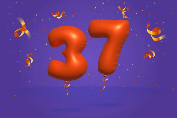 3D番号37現実的なコンフェッティ箔3Dオレンジヘリウムバルーンベクトルで作られた割引プロモーションを販売します ポスター バナー広告 ショッピングバッグ ギフトボックス 誕生日 記念日を販売するためのイラスト — ストックベクタ