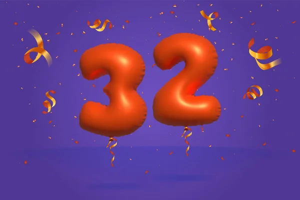 3D番号32現実的なコンフェッティ箔3Dオレンジヘリウムバルーンベクトルで作られた割引プロモーションを販売します ポスター バナー広告 ショッピングバッグ ギフトボックス 誕生日 記念日を販売するためのイラスト — ストックベクタ