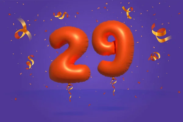 3D番号29現実的なコンフェッティ箔3Dオレンジヘリウムバルーンベクトルで作られた割引プロモーションを販売します ポスター バナー広告 ショッピングバッグ ギフトボックス 誕生日 記念日を販売するためのイラスト — ストックベクタ