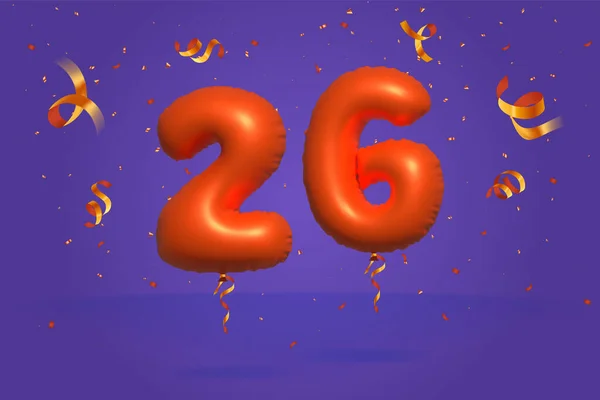 3D番号26現実的なコンフェッティ箔3Dオレンジヘリウムバルーンベクトルで作られた割引プロモーションを販売します ポスター バナー広告 ショッピングバッグ ギフトボックス 誕生日 記念日を販売するためのイラスト — ストックベクタ