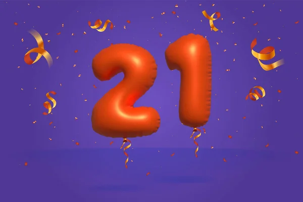 3D番号21現実的なコンフェッティ箔3Dオレンジヘリウムバルーンベクトルで作られた割引プロモーションを販売します ポスター バナー広告 ショッピングバッグ ギフトボックス 誕生日 記念日を販売するためのイラスト — ストックベクタ