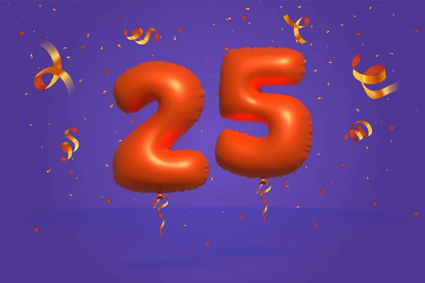 3D番号25現実的なコンフェッティ箔3Dオレンジヘリウムバルーンベクトルで作られた割引プロモーションを販売します ポスター バナー広告 ショッピングバッグ ギフトボックス 誕生日 記念日を販売するためのイラスト — ストックベクタ