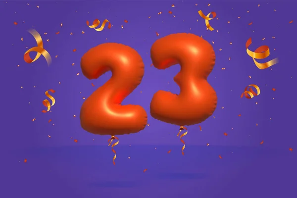 3D番号23現実的なコンフェッティ箔3Dオレンジヘリウムバルーンベクトルで作られた割引プロモーションを販売します ポスター バナー広告 ショッピングバッグ ギフトボックス 誕生日 記念日を販売するためのイラスト — ストックベクタ