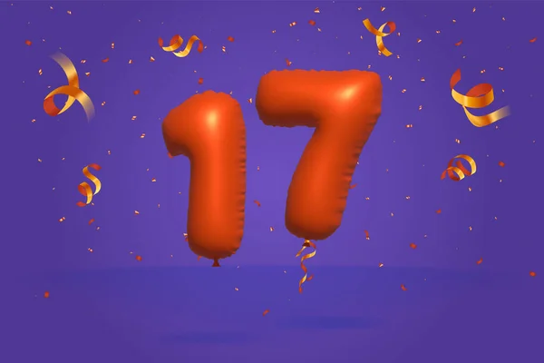 3D番号17現実的なコンフェッティ箔3Dオレンジヘリウムバルーンベクトルで作られた割引プロモーションを販売します ポスター バナー広告 ショッピングバッグ ギフトボックス 誕生日 記念日を販売するためのイラスト — ストックベクタ