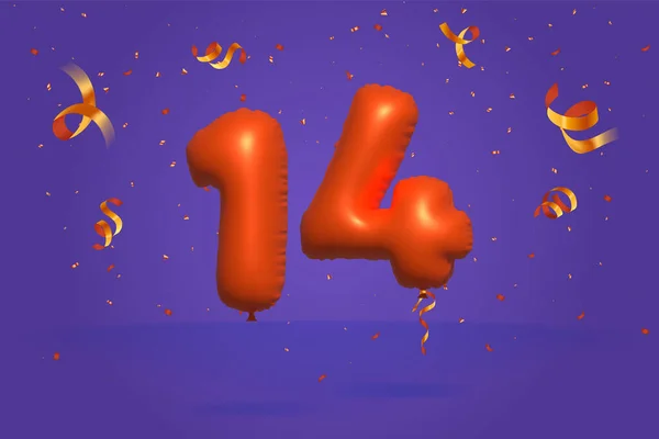 3D番号14現実的なコンフェッティ箔3Dオレンジヘリウムバルーンベクトルで作られた割引プロモーションを販売します ポスター バナー広告 ショッピングバッグ ギフトボックス 誕生日 記念日を販売するためのイラスト — ストックベクタ