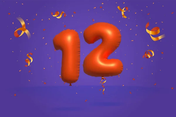 3D番号12現実的なコンフェッティ箔3Dオレンジヘリウムバルーンベクトルで作られた割引プロモーションを販売します ポスター バナー広告 ショッピングバッグ ギフトボックス 誕生日 記念日を販売するためのイラスト — ストックベクタ