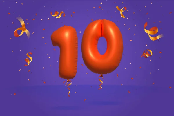3D番号10現実的なコンフェッティ箔3Dオレンジヘリウムバルーンベクトルで作られた割引プロモーションを販売します ポスター バナー広告 ショッピングバッグ ギフトボックス 誕生日 記念日を販売するためのイラスト — ストックベクタ