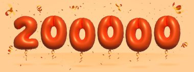 3D numara 200.000 indirimli indirimli konfeti Foil 3d turuncu helyum balon vektörü. Poster, pankart reklamları, alışveriş çantası, hediye doğum günü, yıldönümü