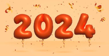 3D numara 2024 indirimli indirim promosyonu gerçekçi konfeti Foil 3d turuncu helyum balon vektöründen yapıldı. Poster, afiş reklamları, alışveriş çantası, hediye kutusu, doğum günü, yıldönümü