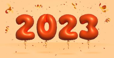 3D numara 2023 indirimli indirim promosyonu gerçekçi konfeti Foil 3d Orange helyum balon vektöründen yapıldı. Poster, afiş reklamları, alışveriş çantası, hediye kutusu, doğum günü, yıldönümü