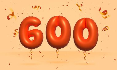 3D numara 600 indirimli indirimli konfeti Foil 3d turuncu helyum balon vektörü. Poster, afiş reklamları, alışveriş çantası, hediye kutusu, doğum günü, yıldönümü
