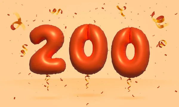 3D番号200現実的なコンフェッティ箔3Dオレンジヘリウムバルーンベクトルで作られた割引プロモーションを販売します ポスター バナー広告 ショッピングバッグ ギフトボックス 誕生日 記念日を販売するためのイラスト — ストックベクタ