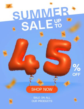 3d Balon Yaz indirimi% 45 'e kadar, Banner Shop Şimdi tüm ürün posterlerimizde indirimli% 45 özel teklif kartı, Şablon indirim etiketli tasarım vektör çizimi.