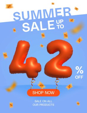 3d Balon Yaz indirimi% 42 'ye kadar, Banner Shop Şimdi tüm ürün posterlerimizde indirimli, yüzde 3d numara 42 özel teklif kartı, Şablon indirim etiketli tasarım vektör çizimi.