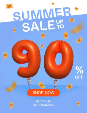 3d Balon Yaz indirimi% 90 'a kadar, Banner Shop Şimdi tüm ürün posterlerimizde indirimli% 90 özel teklif kartı, Şablon indirim etiketli tasarım vektör çizimi.