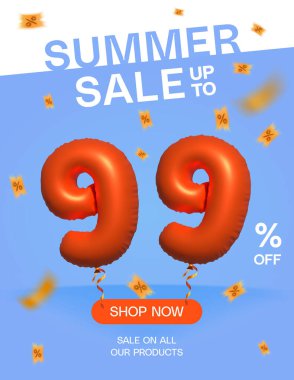 3d Balon Yaz Satışı% 99 'a kadar indirimli, Banner Shop Şimdi tüm ürün posterlerimizde indirimli,% 99 özel teklif kartı, Şablon indirim etiketli tasarım vektör çizimi.