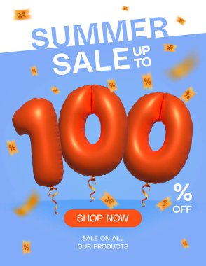 3d Balon Yaz Satışı% 100 indirimli, Banner Shop Şimdi tüm ürün posterlerimizde indirimli, Alışveriş 3 d% 100 özel teklif kartı, Şablon indirim etiketli tasarım vektör çizimi.