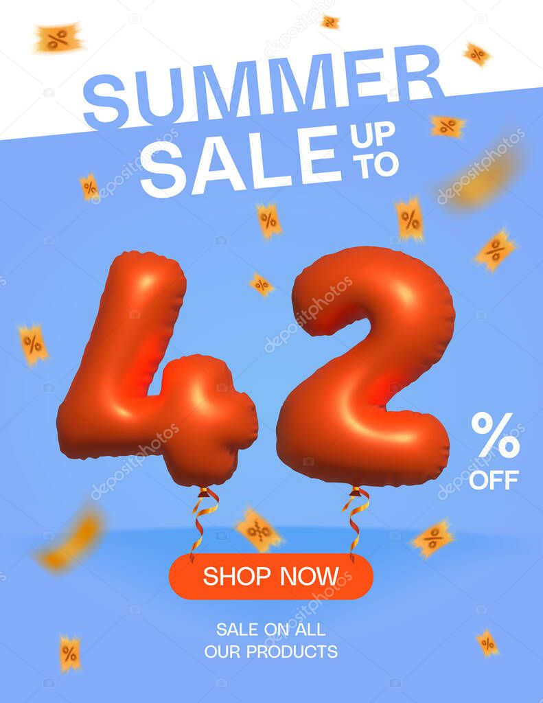 3d Balloon Summer sale up to 42% off, Banner Shop Now sale on all our products poster, Shopping 3d number 42 percent special offer card, Template coupon discount label design vector illustration.