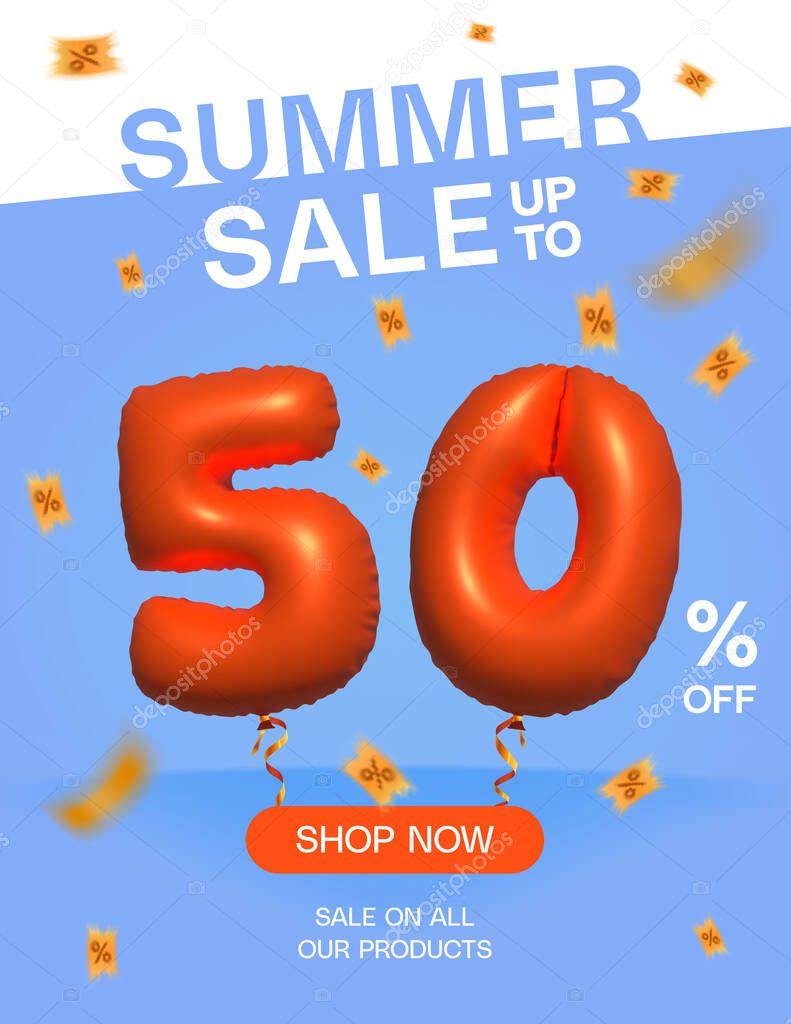 3d Balloon Summer sale up to 50% off, Banner Shop Now sale on all our products poster, Shopping 3d number 50 percent special offer card, Template coupon discount label design vector illustration.