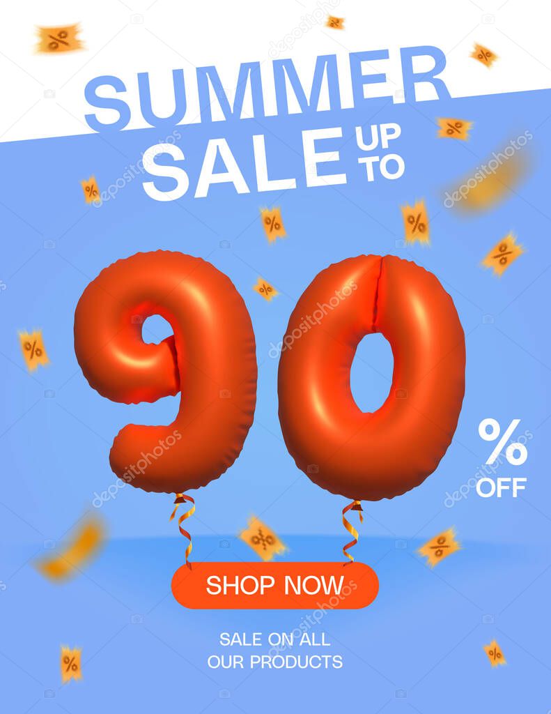 3d Balloon Summer sale up to 90% off, Banner Shop Now sale on all our products poster, Shopping 3d number 90 percent special offer card, Template coupon discount label design vector illustration.