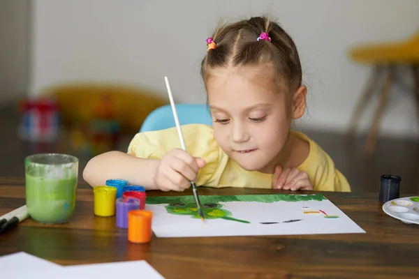 Sad Child Girl Draws Picture War Ukraine Bright Drawing Colors — Stock Photo, Image