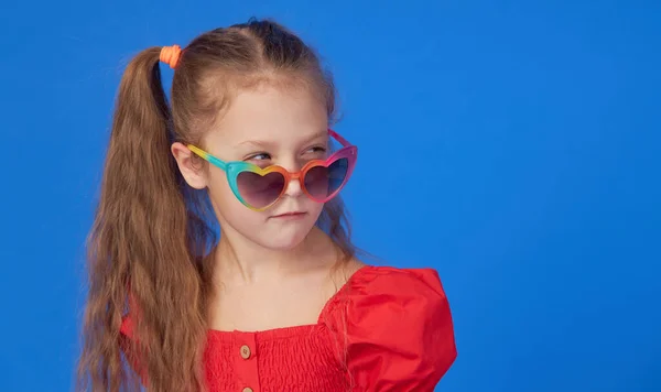 Portrait Surprised Cute Little Toddler Girl Heart Shape Sunglasses Child — Stock Photo, Image