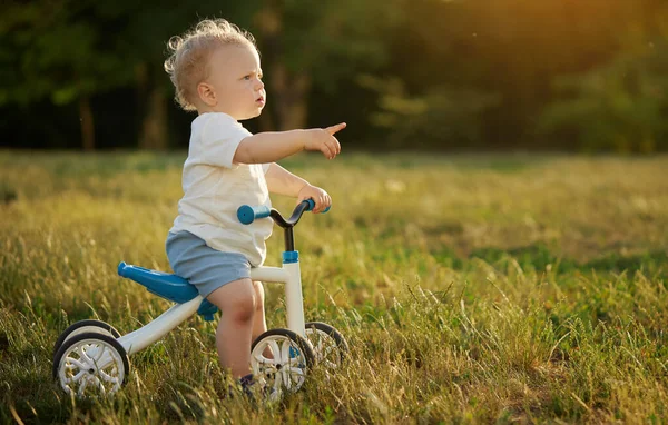 かわいい赤ん坊はバランスのバイクに乗ることを学ぶ 小さな子供が日当たりの良い公園で自転車に乗ろうとします 子供はバイカーになる夢を見る — ストック写真