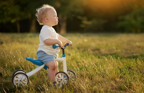 Sevimli bebek dengeli bisiklete binmeyi öğreniyor. Küçük bir çocuk güneşli bir parkta bisiklet sürmeye çalışır. Çocuk motosikletçi olmayı hayal ediyor.