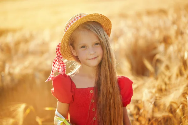 Portrét Roztomilé Holčičky Krásnými Dlouhými Vlasy Módním Slamáku Pozadí Pšeničného — Stock fotografie