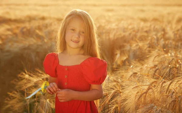 Portrait of a cute baby girl with beautiful long hair in a trendy straw hat. Against the backdrop of a wheat field at sunset. Ukrainian patriot child prays for his country