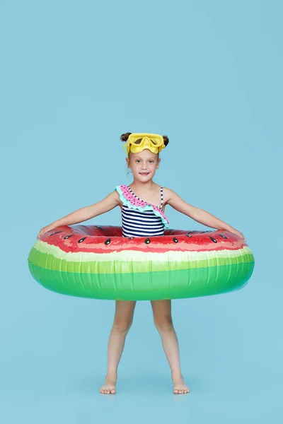 Cute Little Girl Inflatable Ring Watermelon Shape Blue Background Funny — Stock Photo, Image
