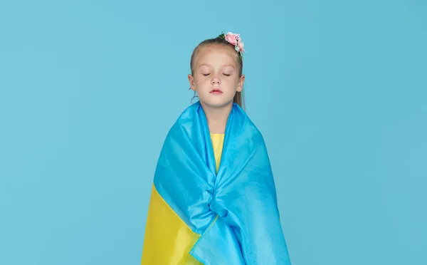 Portrait Upset Patriot Child Girl Ukrainian Flag Blue Studio Background — Stock Photo, Image