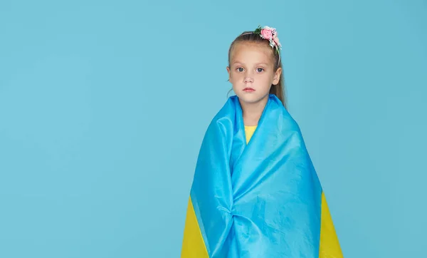 Portrait Upset Patriot Child Girl Ukrainian Flag Blue Studio Background — Stock Photo, Image