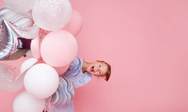 Joyful Child Girl Elegant Tulle Dress Balloons Birthday Present Funny — Stockfoto