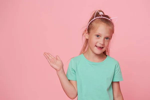 Portrait Surprised Cute Little Toddler Girl Child Pink Background Looking — Fotografia de Stock