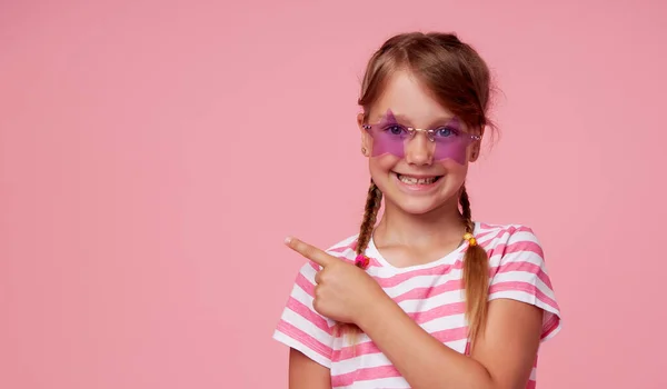 Portrait Surprised Cute Toddler Girl Child Star Shaped Sunglasses Pink — Fotografia de Stock