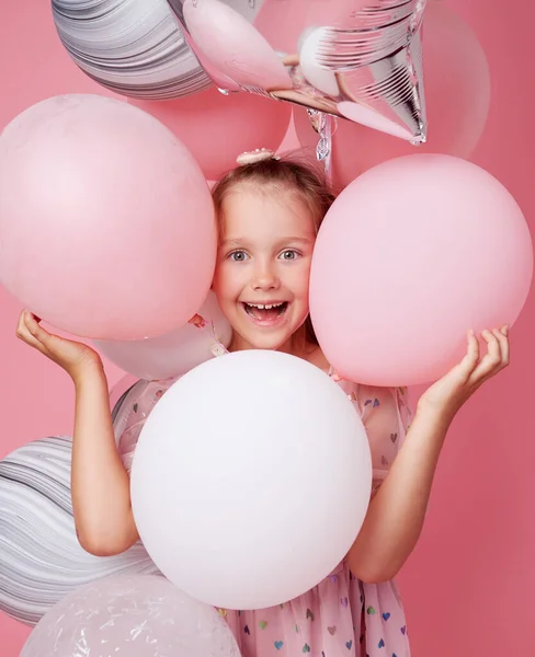 Joyful Child Girl Elegant Tulle Dress Balloons Birthday Present Funny —  Fotos de Stock