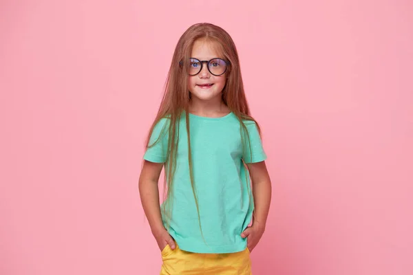 Portrait Cute Toddler Girl Child Bespectacled Pink Background Advertising Childrens — Fotografia de Stock