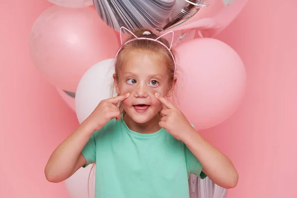 Joyful Child Girl Elegant Tulle Dress Balloons Birthday Present Funny — Stock Fotó