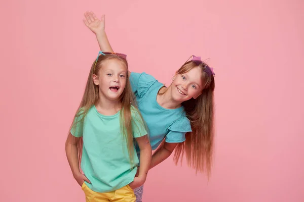 Cute Adorable Children Having Fun Together Bright Colorful Shirts Isolated — Fotografia de Stock