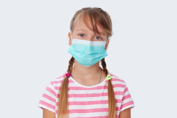 Close Portrait Child Girl Colored Protective Medical Mask White Background — 图库照片