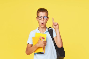 Gözlüklü, ders kitapları ve sarı arka planda sırt çantası olan bir okul çocuğunun portresi. Okula geri dön.