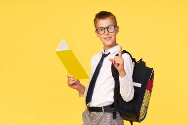Gözlüklü, ders kitapları ve sarı arka planda sırt çantası olan bir okul çocuğunun portresi. Okula geri dön.