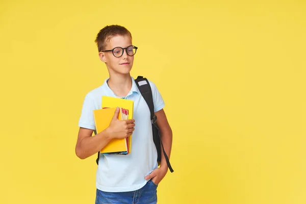 Portrait Schoolboy Glasses Textbooks Backpack Yellow Background Back School — Stock Fotó