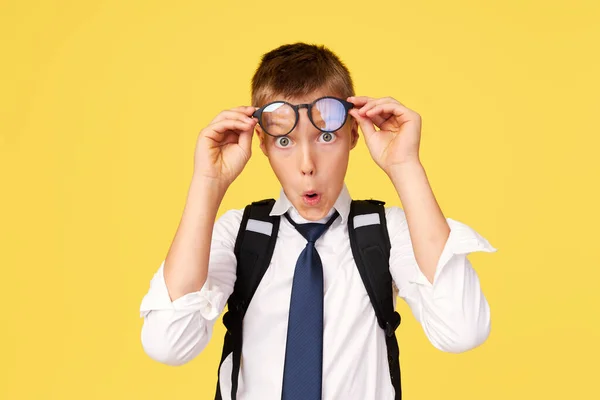 Portrait Schoolboy Glasses Textbooks Backpack Yellow Background Back School — Stockfoto